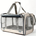 Soft-sided pet carrier for large cats and puppy dogs, beige, front view
