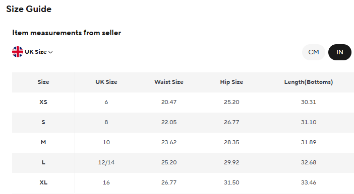 Women's Color Block Seamless Yoga Leggings Size Guide — Inch Measurements (UK Sizes 6–16)
