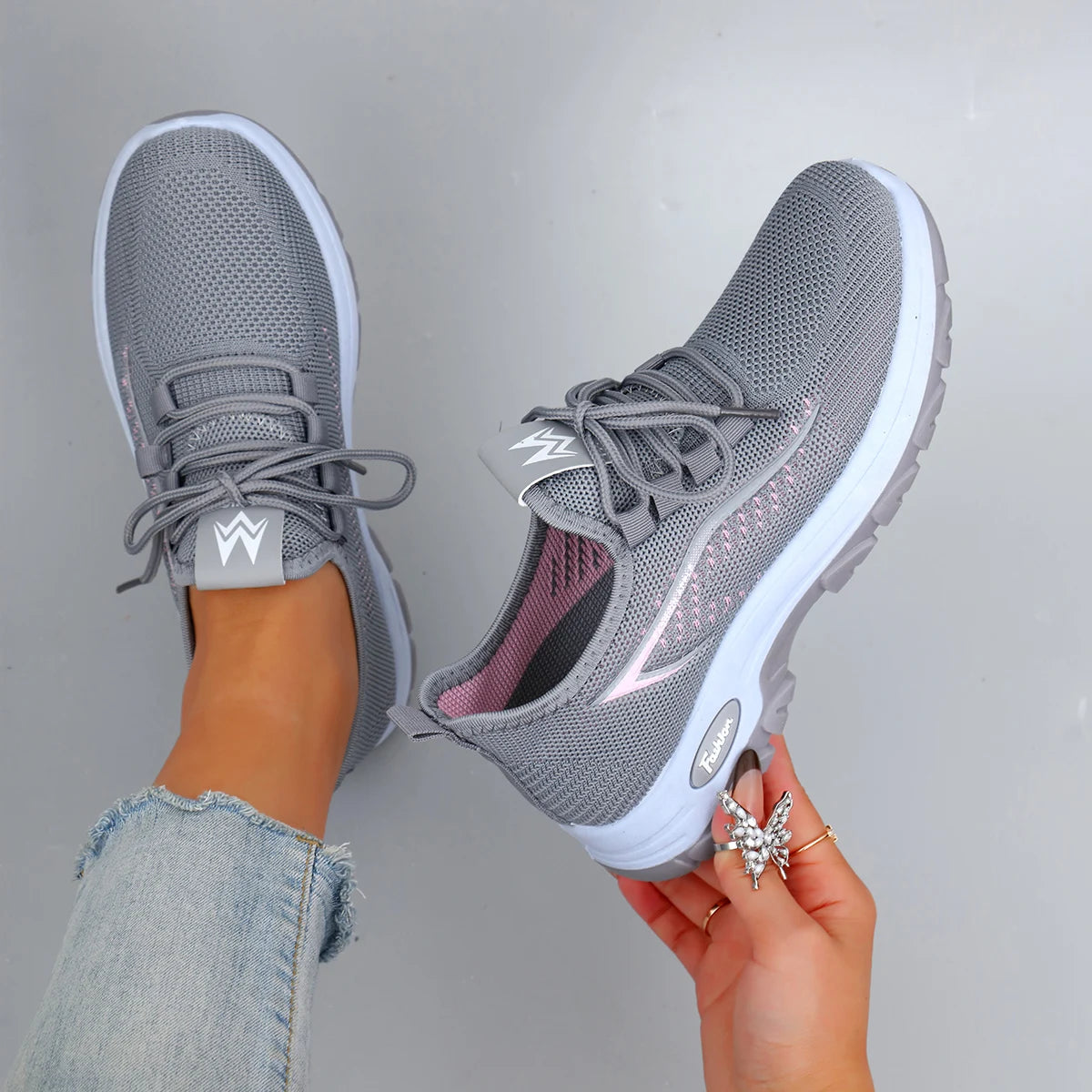 Women's lightweight breathable lace-up sneakers in grey — casual sports shoes for spring and autumn