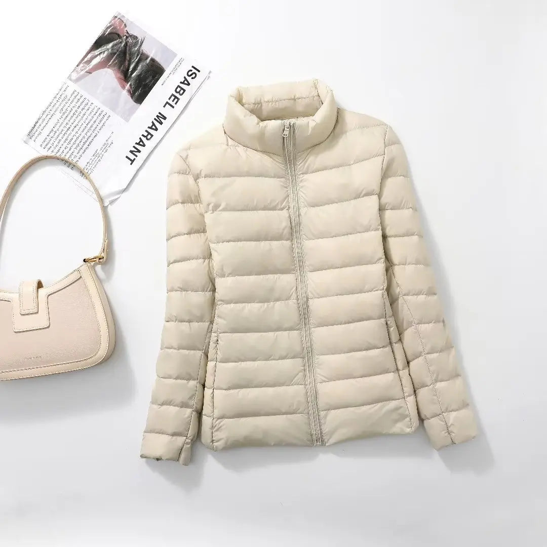 Women's lightweight packable puffer jacket in Apricot — Korean slim fit, sizes M–XXL