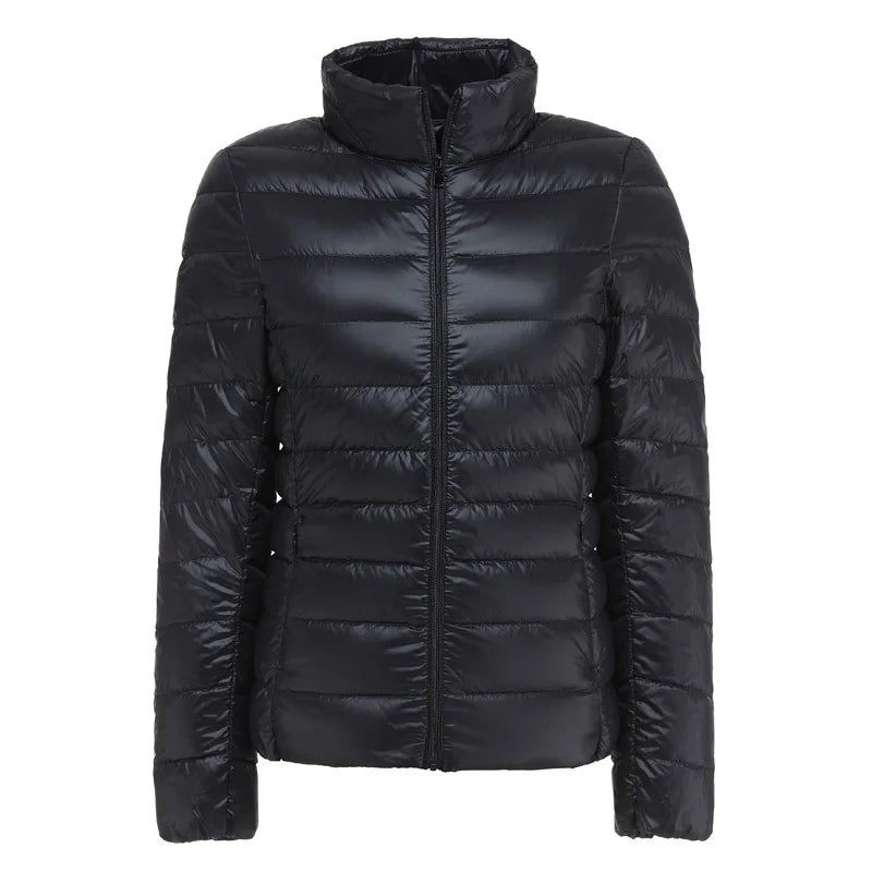Women's lightweight packable puffer jacket in Black — Korean slim fit, sizes M–XXL