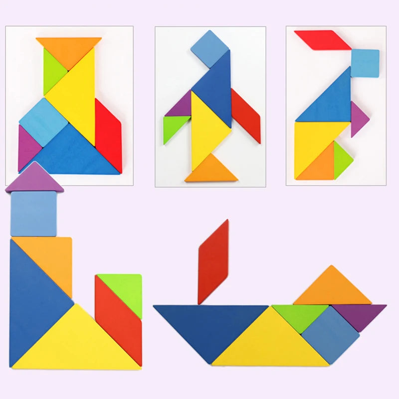 Wooden Montessori tangram puzzle set laid out on a flat surface